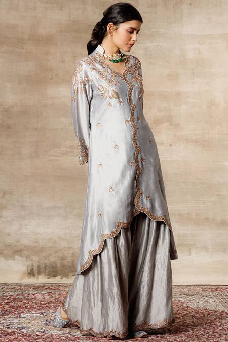 Ajiesh Oberoi_Grey Chanderi Mandarin Collar Jacket Sharara Set_Online_at_Aza_Fashions