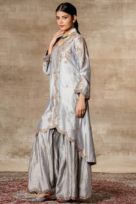 Buy_Ajiesh Oberoi_Grey Chanderi Mandarin Collar Jacket Sharara Set_Online_at_Aza_Fashions