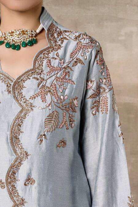 Shop_Ajiesh Oberoi_Grey Chanderi Mandarin Collar Jacket Sharara Set_Online_at_Aza_Fashions
