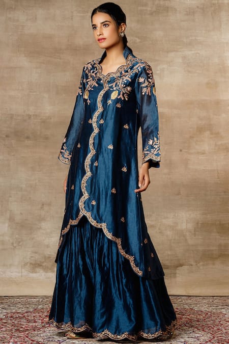 Ajiesh Oberoi Blue Chanderi Mandarin Collar Jacket Sharara Set Online at Aza Fashions Ajiesh Oberoi_Blue Chanderi Mandarin Collar Jacket Sharara Set _Online_at_Aza_Fashions