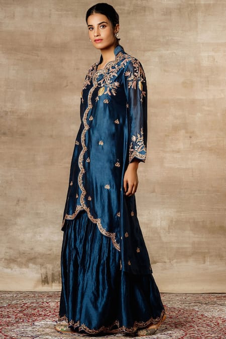 Buy Ajiesh Oberoi Blue Chanderi Mandarin Collar Jacket Sharara Set Online at Aza Fashions Buy_Ajiesh Oberoi_Blue Chanderi Mandarin Collar Jacket Sharara Set _Online_at_Aza_Fashions