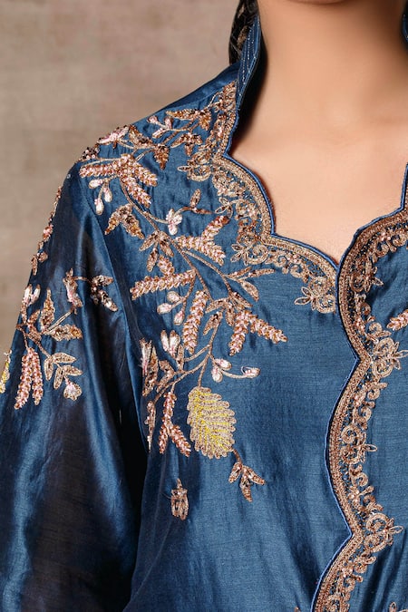 Shop Ajiesh Oberoi Blue Chanderi Mandarin Collar Jacket Sharara Set Online at Aza Fashions Shop_Ajiesh Oberoi_Blue Chanderi Mandarin Collar Jacket Sharara Set _Online_at_Aza_Fashions