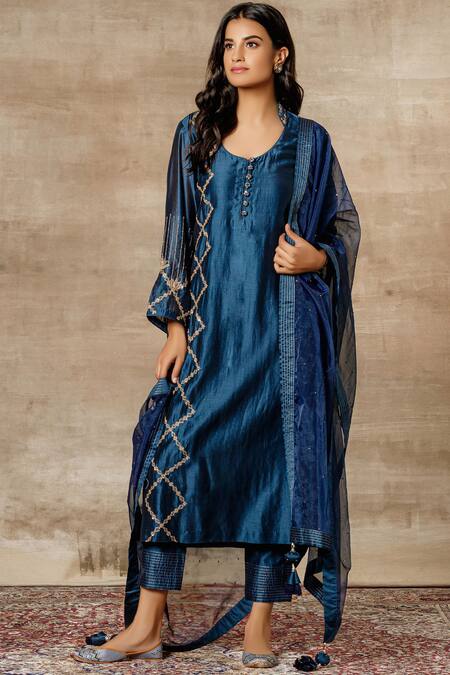 Ajiesh Oberoi Blue Chanderi Mandarin Collar Embroidered Kurta Set Online at Aza Fashions Ajiesh Oberoi_Blue Chanderi Mandarin Collar Embroidered Kurta Set _Online_at_Aza_Fashions