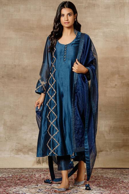 Buy Ajiesh Oberoi Blue Chanderi Mandarin Collar Embroidered Kurta Set Online at Aza Fashions Buy_Ajiesh Oberoi_Blue Chanderi Mandarin Collar Embroidered Kurta Set _Online_at_Aza_Fashions