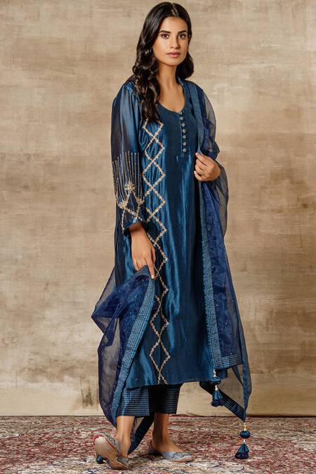 Shop Ajiesh Oberoi Blue Chanderi Mandarin Collar Embroidered Kurta Set Online at Aza Fashions Shop_Ajiesh Oberoi_Blue Chanderi Mandarin Collar Embroidered Kurta Set _Online_at_Aza_Fashions