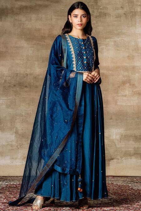 Ajiesh Oberoi Blue Cotton Silk Round Anarkali Set Online at Aza Fashions Ajiesh Oberoi_Blue Cotton Silk Round Anarkali Set _Online_at_Aza_Fashions
