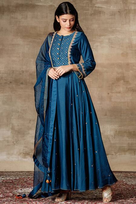 Buy Ajiesh Oberoi Blue Cotton Silk Round Anarkali Set Online at Aza Fashions Buy_Ajiesh Oberoi_Blue Cotton Silk Round Anarkali Set _Online_at_Aza_Fashions