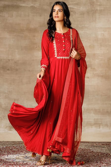 Buy Red Cotton Silk Round Anarkali Set For Women by Ajiesh Oberoi Online at  Aza Fashions.