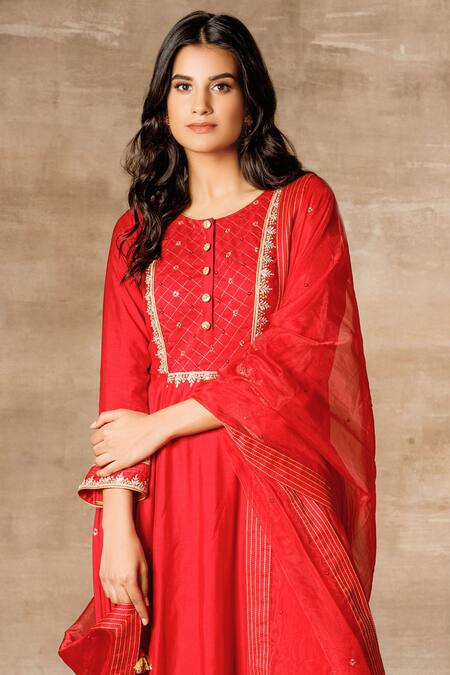 Shop_Ajiesh Oberoi_Red Cotton Silk Round Anarkali Set _Online_at_Aza_Fashions