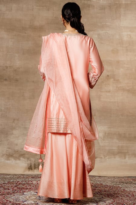 Shop Ajiesh Oberoi Peach Organza, Chanderi Round Embroidered Kurta Sharara Set at Aza Fashions Shop_Ajiesh Oberoi_Peach Organza, Chanderi Round Embroidered Kurta Sharara Set _at_Aza_Fashions