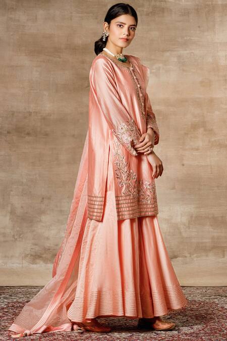 Ajiesh Oberoi Peach Organza, Chanderi Round Embroidered Kurta Sharara Set Online at Aza Fashions Ajiesh Oberoi_Peach Organza, Chanderi Round Embroidered Kurta Sharara Set _Online_at_Aza_Fashions