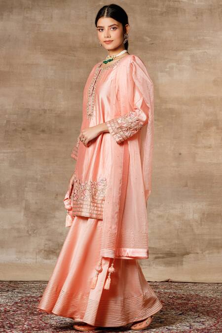 Buy Ajiesh Oberoi Peach Organza, Chanderi Round Embroidered Kurta Sharara Set Online at Aza Fashions Buy_Ajiesh Oberoi_Peach Organza, Chanderi Round Embroidered Kurta Sharara Set _Online_at_Aza_Fashions