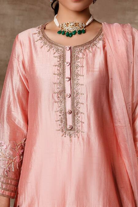 Shop Ajiesh Oberoi Peach Organza, Chanderi Round Embroidered Kurta Sharara Set Online at Aza Fashions Shop_Ajiesh Oberoi_Peach Organza, Chanderi Round Embroidered Kurta Sharara Set _Online_at_Aza_Fashions