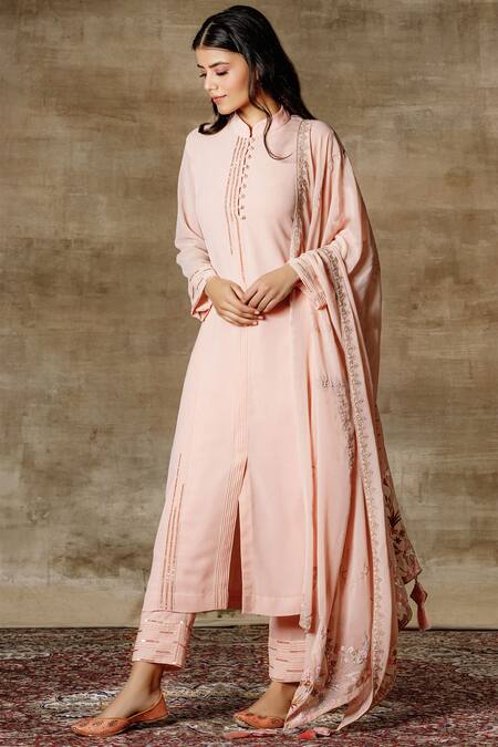 Ajiesh Oberoi_Peach Georgette Band Collar Embroidered Kurta Set _Online_at_Aza_Fashions