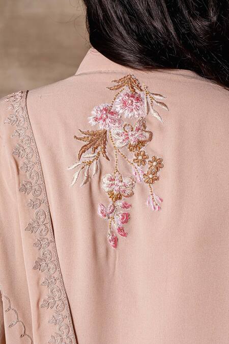 Ajiesh Oberoi_Peach Georgette Band Collar Embroidered Kurta Set _at_Aza_Fashions