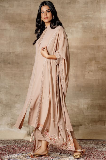 Ajiesh Oberoi_Beige Georgette Band Collar Embroidered Kurta Set _Online_at_Aza_Fashions