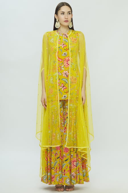 Bombae By Deepika Reddy_Yellow Crepe Printed Kurta Sharara Set_Online_at_Aza_Fashions