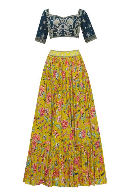 Buy_Bombae By Deepika Reddy_Yellow Raw Silk Printed Lehenga Set_Online_at_Aza_Fashions