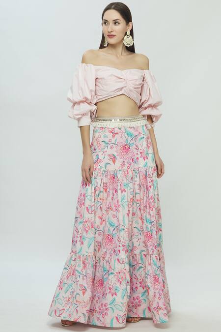 Bombae By Deepika Reddy Pink Poplin Printed Skirt Set