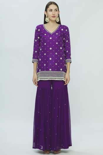 Buy_Bombae By Deepika Reddy_Purple Organza Embellished Kurta Sharara Set_Online_at_Aza_Fashions