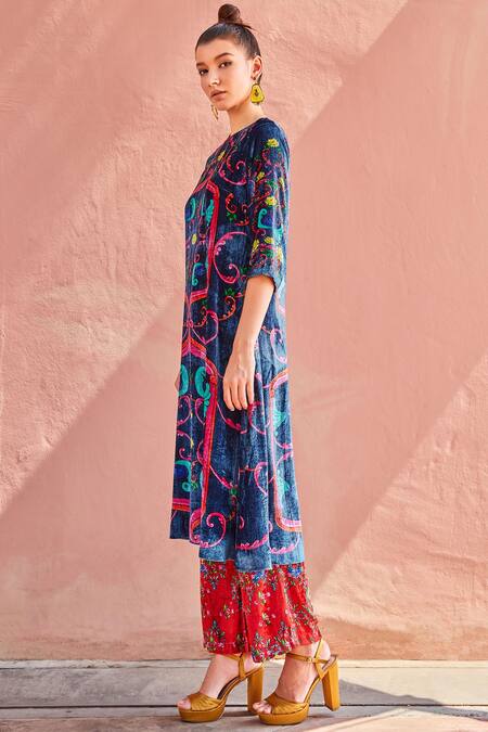 Buy_Nautanky_Blue Silk Velvet Kurta Set_Online_at_Aza_Fashions