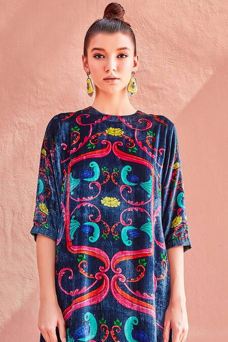 Shop_Nautanky_Blue Silk Velvet Kurta Set_Online_at_Aza_Fashions