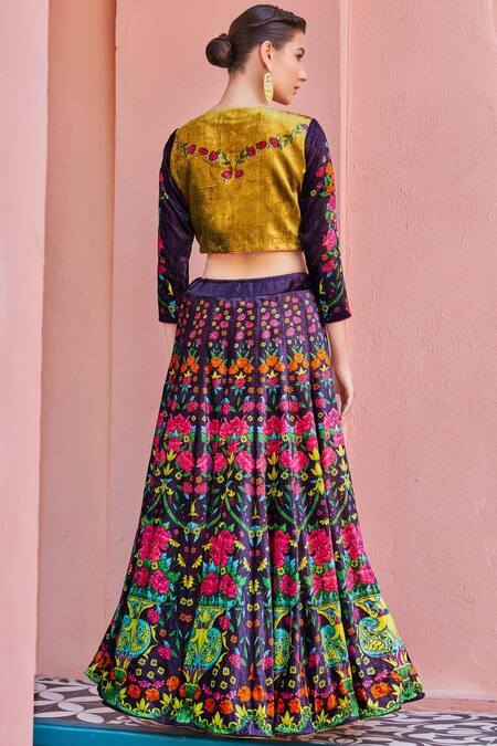 Shop_Nautanky_Purple Velvet Silk Printed Lehenga Set_at_Aza_Fashions