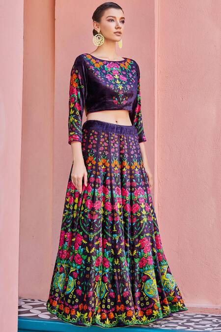 Nautanky_Purple Velvet Silk Printed Lehenga Set_Online_at_Aza_Fashions