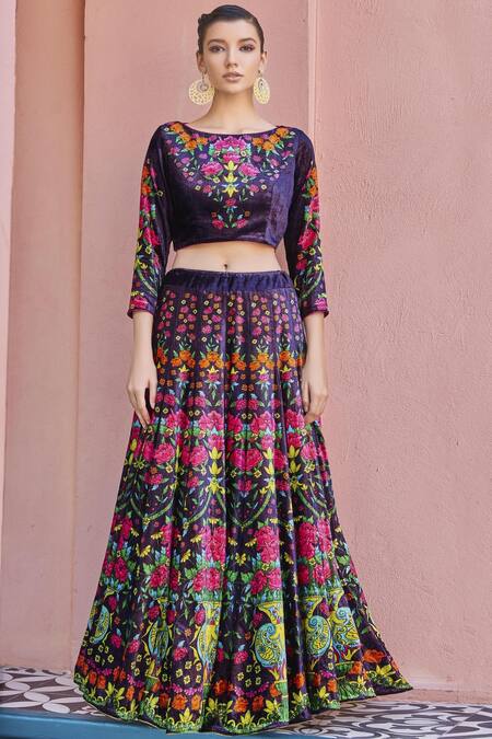 Buy_Nautanky_Purple Velvet Silk Printed Lehenga Set_Online_at_Aza_Fashions