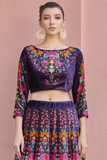 Shop_Nautanky_Purple Velvet Silk Printed Lehenga Set_Online_at_Aza_Fashions