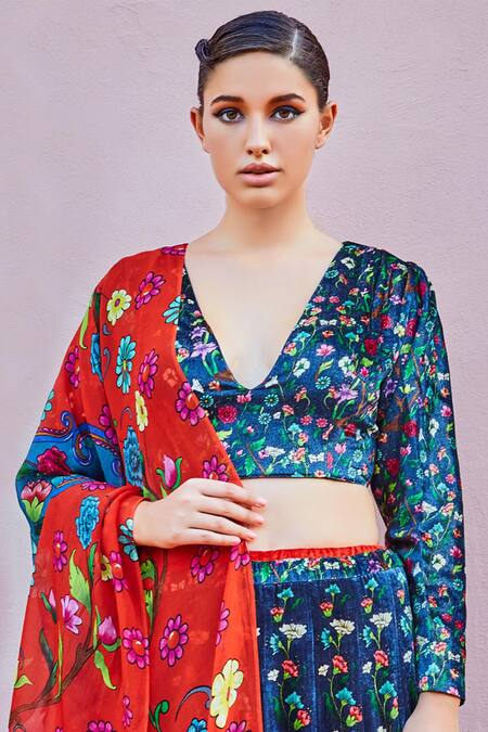 Nautanky_Blue Printed Silk Velvet Lehenga Set_Online_at_Aza_Fashions