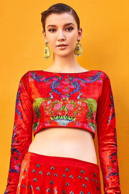 Nautanky Red Printed Silk Velvet Lehenga Set at Aza Fashions Nautanky_Red Printed Silk Velvet Lehenga Set_at_Aza_Fashions