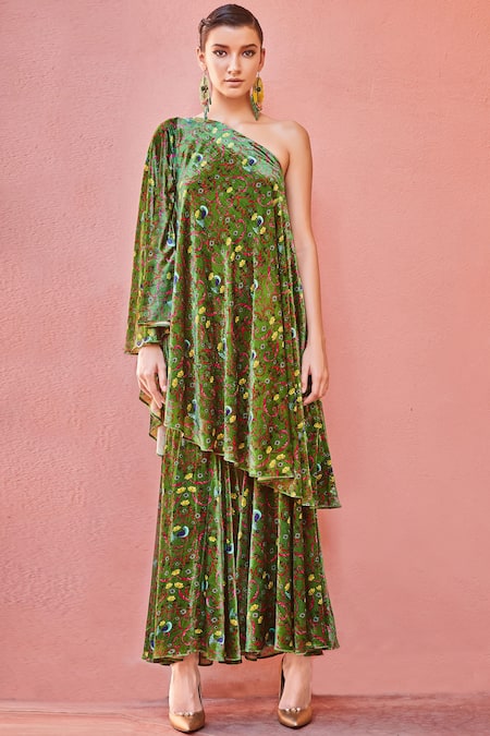 Nautanky Green Printed Silk Velvet Tunic Set