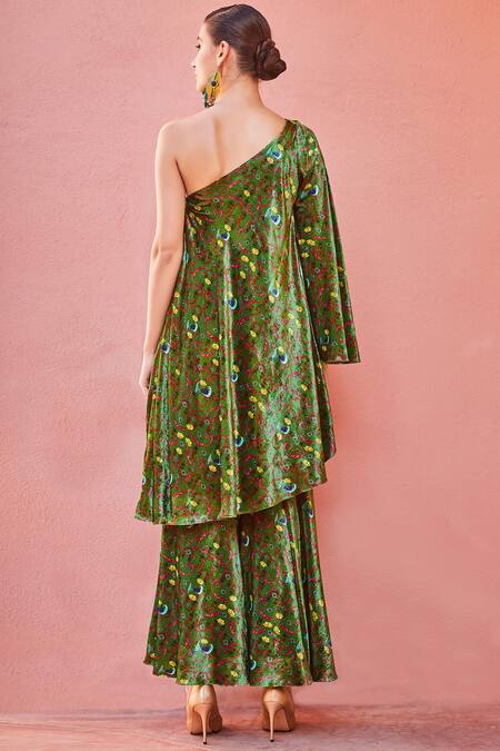 Shop_Nautanky_Green Printed Silk Velvet Tunic Set_at_Aza_Fashions