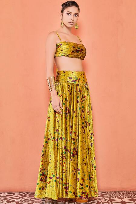 Nautanky Green Silk Velvet Printed Skirt Set Online at Aza Fashions Nautanky_Green Silk Velvet Printed Skirt Set_Online_at_Aza_Fashions