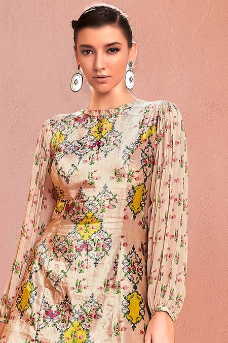 Shop_Nautanky_White Silk Velvet Printed Dress_Online_at_Aza_Fashions