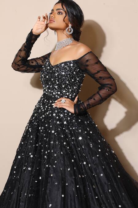 Nitya Bajaj_Black Organza Silk Off Shoulder Gown _Online_at_Aza_Fashions