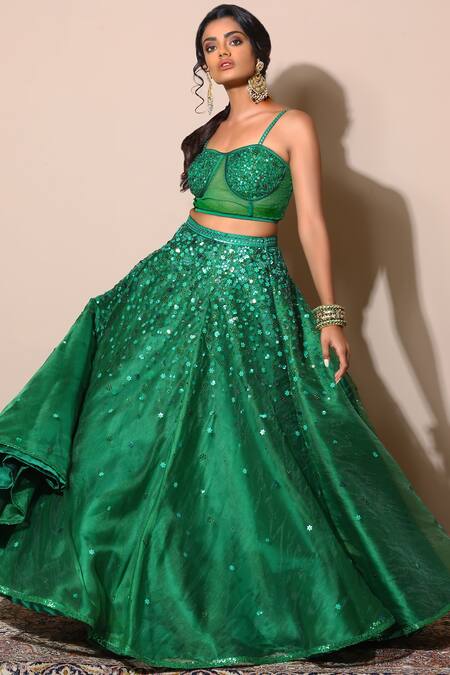 Nitya Bajaj_Green Organza Sweetheart Neck Embellished Lehenga Set _Online_at_Aza_Fashions