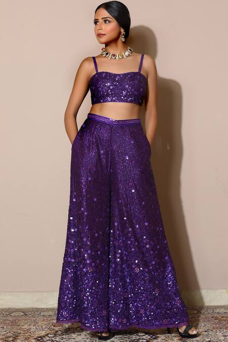 Buy_Nitya Bajaj_Purple Organza Crop Top Square Top Shawl Embellished Palazzo Set _Online_at_Aza_Fashions