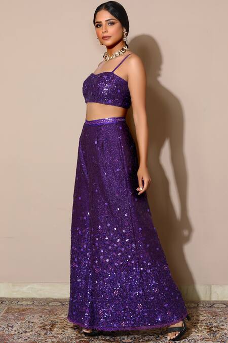 Shop_Nitya Bajaj_Purple Organza Crop Top Square Top Shawl Embellished Palazzo Set _Online_at_Aza_Fashions
