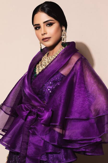 Nitya Bajaj_Purple Organza Crop Top Square Top Shawl Embellished Palazzo Set _at_Aza_Fashions