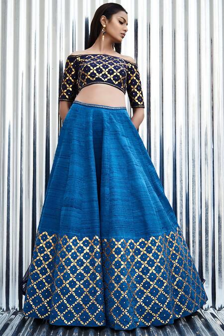 Buy DNU Priyal Prakash Blue Raw Silk Embellished Lehenga Set Online ...