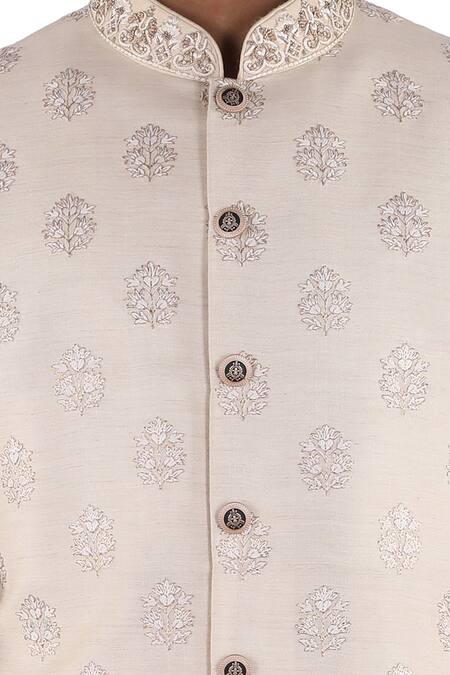 Sankalan - Men_Beige Moonga Silk Embroidered Sherwani Set _Online_at_Aza_Fashions