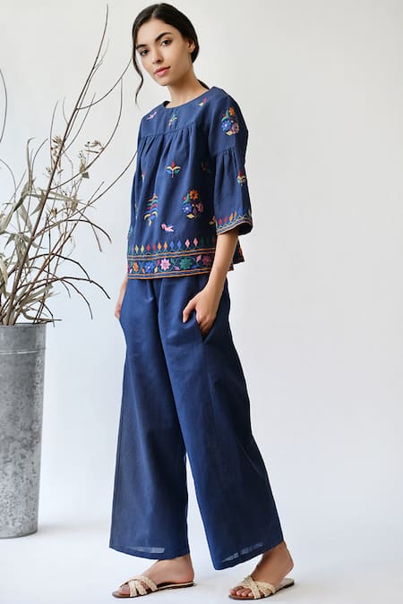 Umbar_Blue Cotton Linen Wide Neck Embroidered Top_Online_at_Aza_Fashions