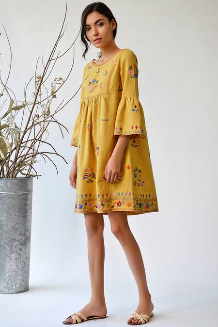 Umbar_Yellow Cotton Linen Wide Neck Embroidered Dress_Online_at_Aza_Fashions