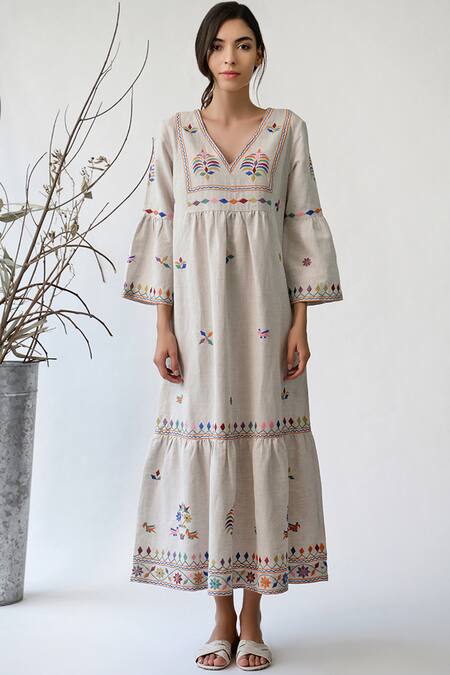 Umbar_Beige Cotton Linen V-shaped Embroidered Dress_Online_at_Aza_Fashions