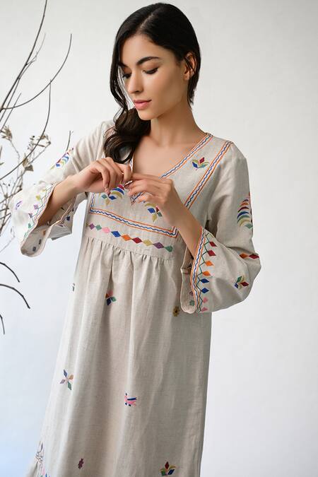 Buy_Umbar_Beige Cotton Linen V-shaped Embroidered Dress_Online_at_Aza_Fashions