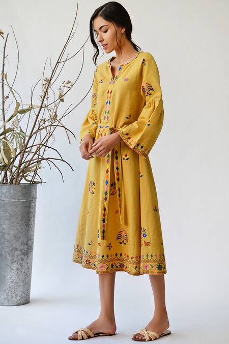 Umbar_Yellow Cotton Linen Notched Embroidered Dress_Online_at_Aza_Fashions