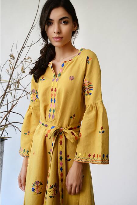 Buy_Umbar_Yellow Cotton Linen Notched Embroidered Dress_Online_at_Aza_Fashions