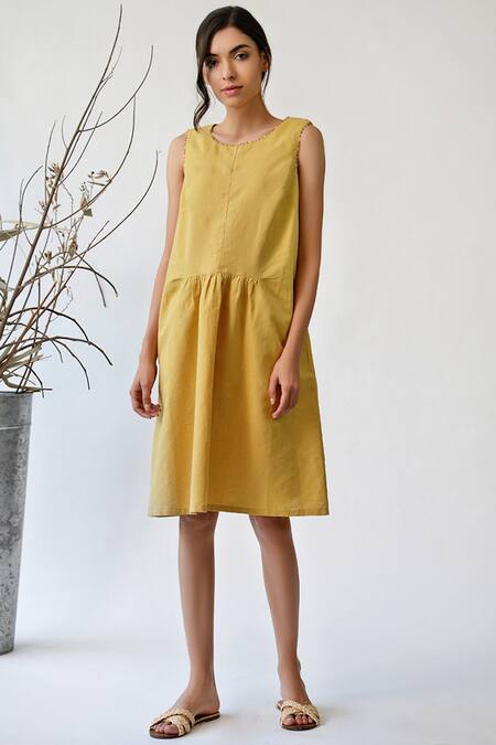 Umbar_Yellow Cotton Linen Round Dress_Online_at_Aza_Fashions